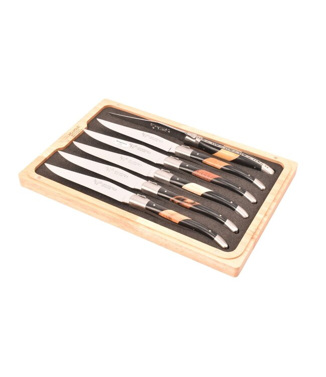 Laguiole en Aubrac 6 steakmessen diverse houtsoorten/paperstone - mat