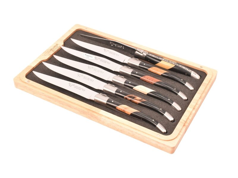 Laguiole en Aubrac 6 steakmessen diverse houtsoorten/paperstone - mat