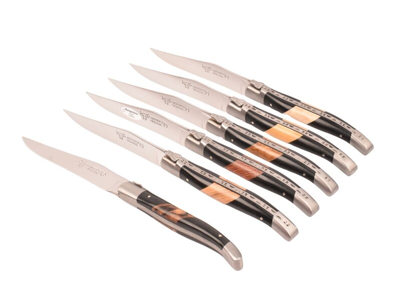 Laguiole en Aubrac 6 steakmessen diverse houtsoorten/paperstone - mat