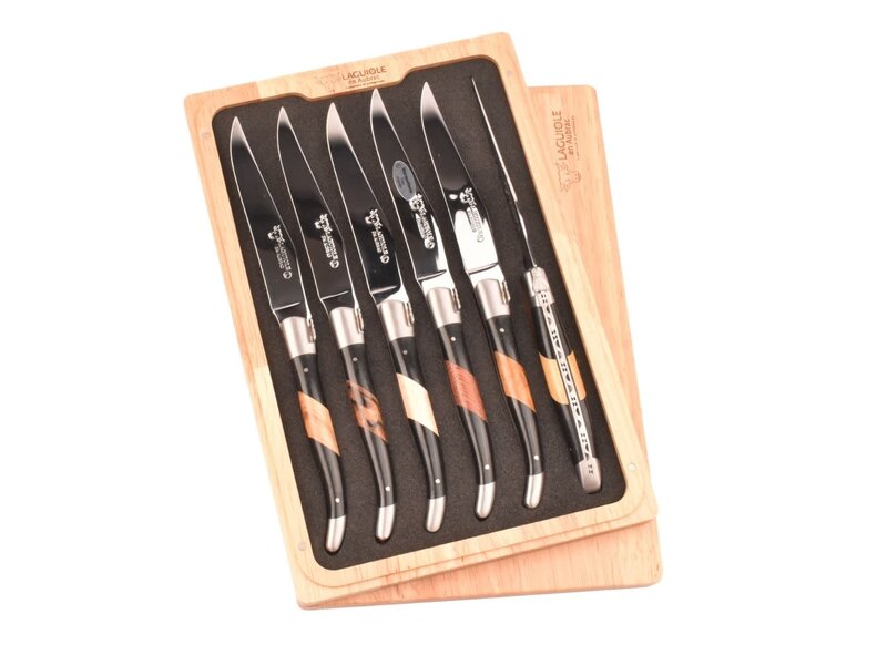 Laguiole en Aubrac 6 steakmessen diverse houtsoorten/paperstone - mat