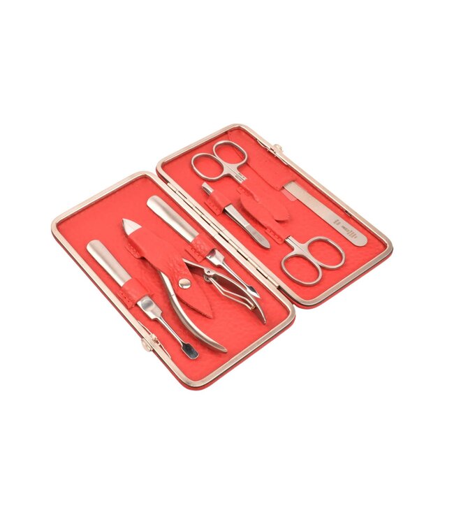Dreiturm 7-delig nageletui (hardcase) met nageltang en 2 scharen - rood hertenleer