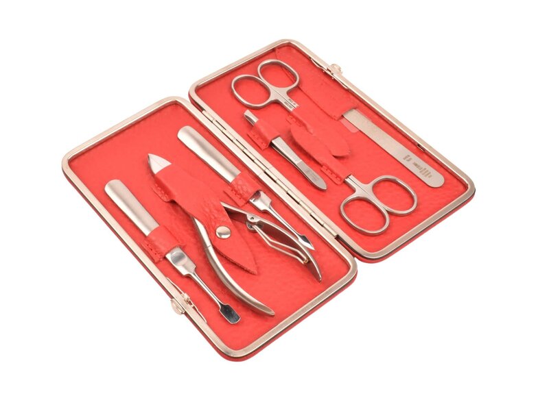 Dreiturm 7-delig nageletui met nageltang en 2 scharen - rood leder (hardcase)