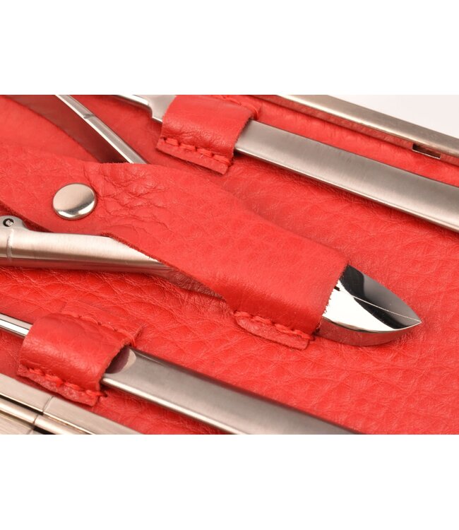 Dreiturm 7-delig nageletui (hardcase) met nageltang en 2 scharen - rood hertenleer