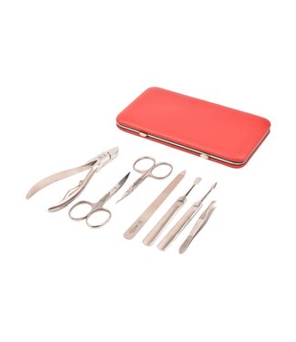 Dreiturm 7-delig nageletui (hardcase) met nageltang en 2 scharen - rood hertenleer
