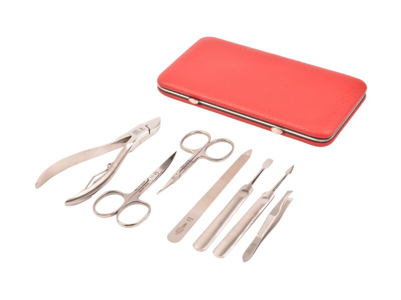 Dreiturm 7-delig nageletui met nageltang en 2 scharen - rood leder (hardcase)