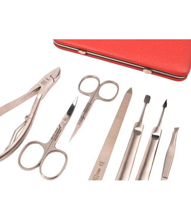 Dreiturm 7-delig nageletui (hardcase) met nageltang en 2 scharen - rood hertenleer