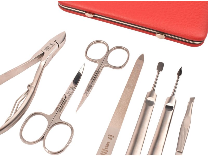 Dreiturm 7-delig nageletui met nageltang en 2 scharen - rood leder (hardcase)