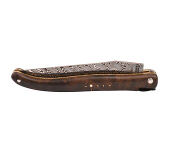 Laguiole en Aubrac Belle pièce 2025/3 - 12cm loupe de laurel - messing - damast balbach - double platines - plein manche