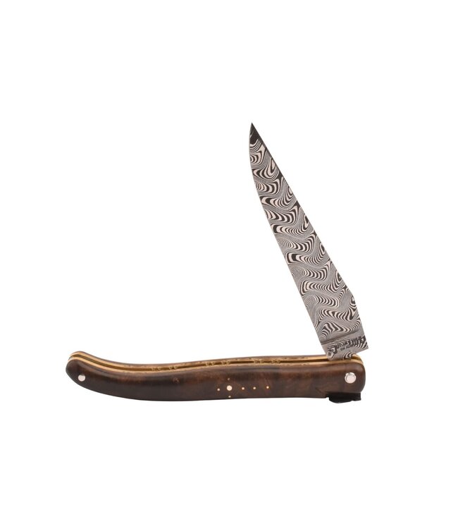 Laguiole en Aubrac Belle pièce 2025/3 - 12cm loupe de laurel - messing - damast balbach - double platines - plein manche