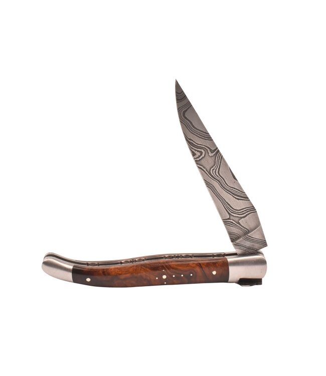 Laguiole en Aubrac Belle pièce 2025/6 - 12cm loupe de bois de fer - damast torsadé