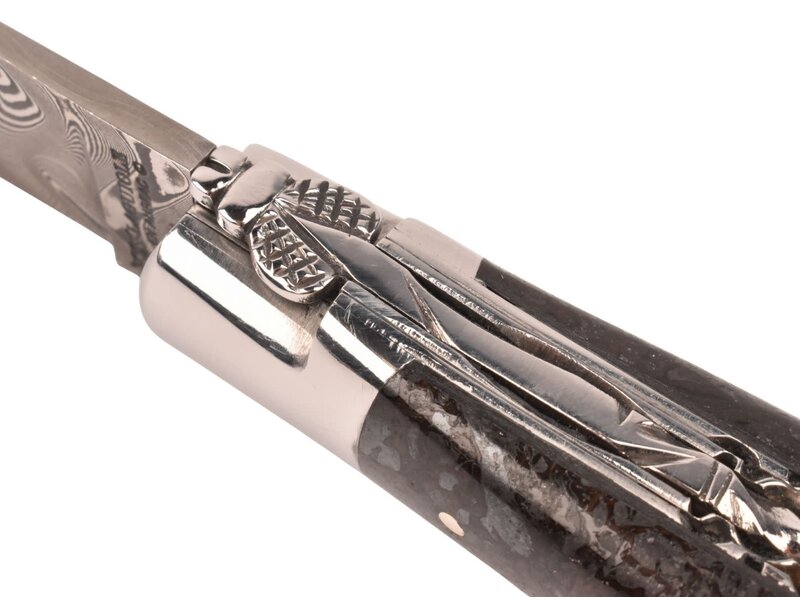 Laguiole en Aubrac Belle pièce 2025/12 - 12cm os de mammouth - damast balbach - double platines