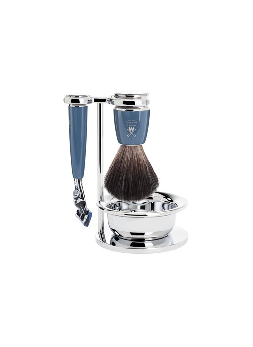 Muhle Rytmo scheerset in blauw edelhars - zeepbakje - Gillette® Fusion5™ - kwast black fibre