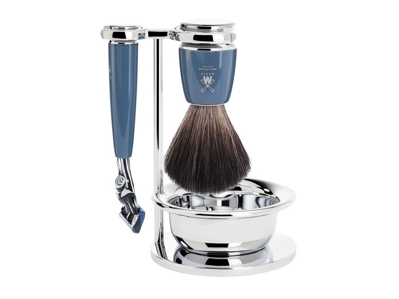 Muhle Rytmo scheerset in blauw edelhars - zeepbakje - Gillette® Fusion5™ - kwast black fibre
