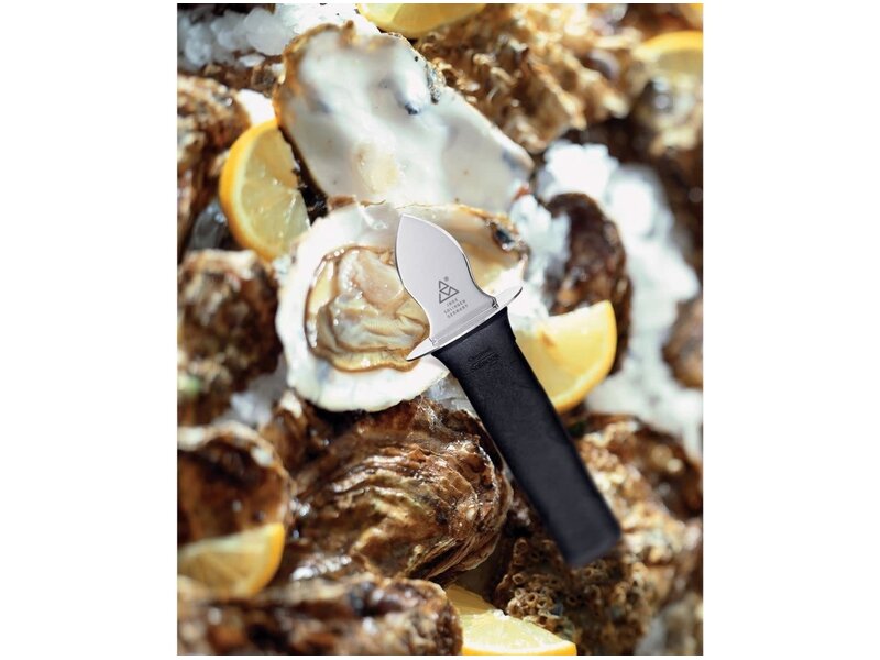 Triangle oestermes met handbescherming en zwart heft