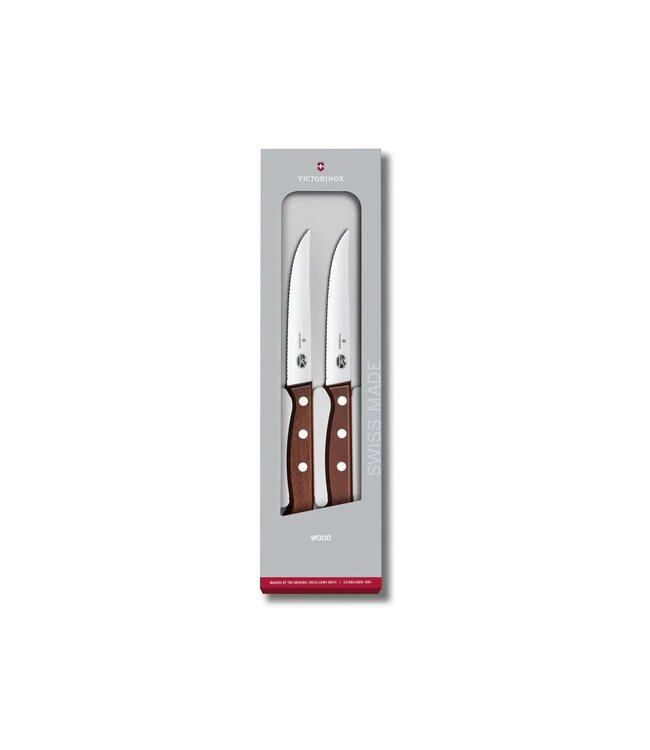 Victorinox set van 2 steak/pizzamessen gekarteld met houten heft -12cm