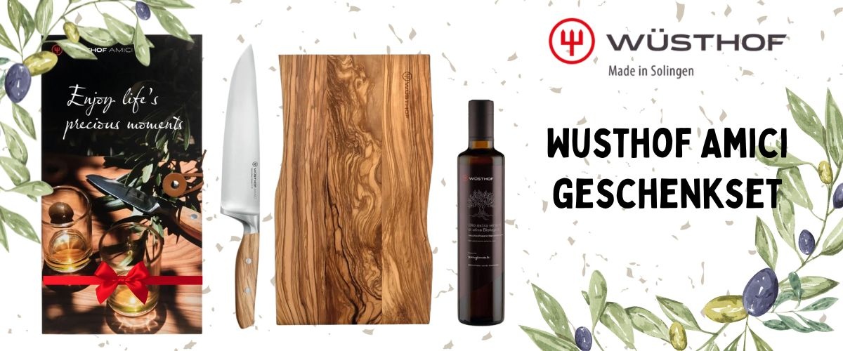 Prachtige Wüsthof Amici geschenkset met koksmes, snijplank en olijfolie. 