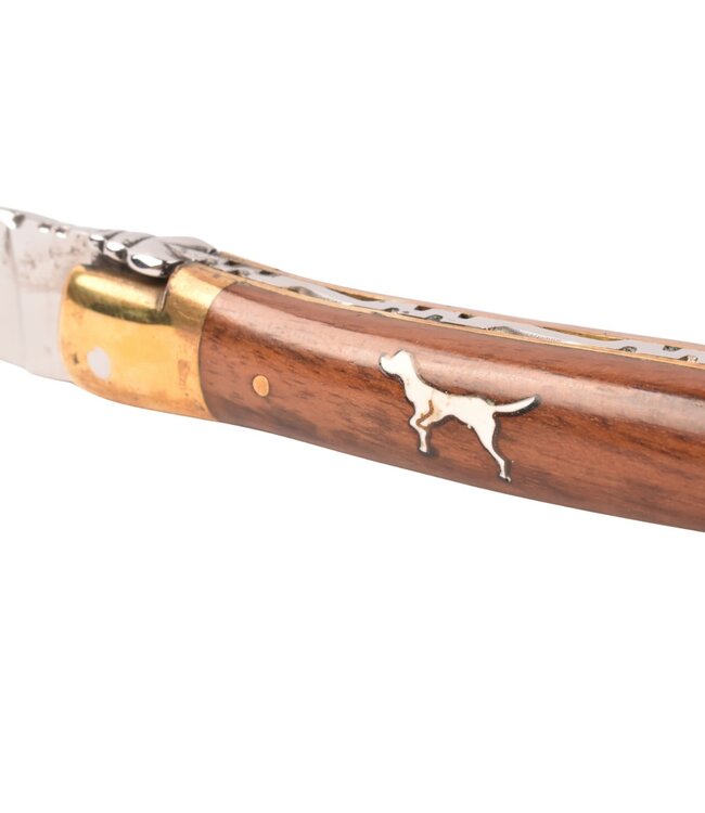 Laguiole en Aubrac zoldervondst 12cm marqueterie hond - glanzende messing eindstukken