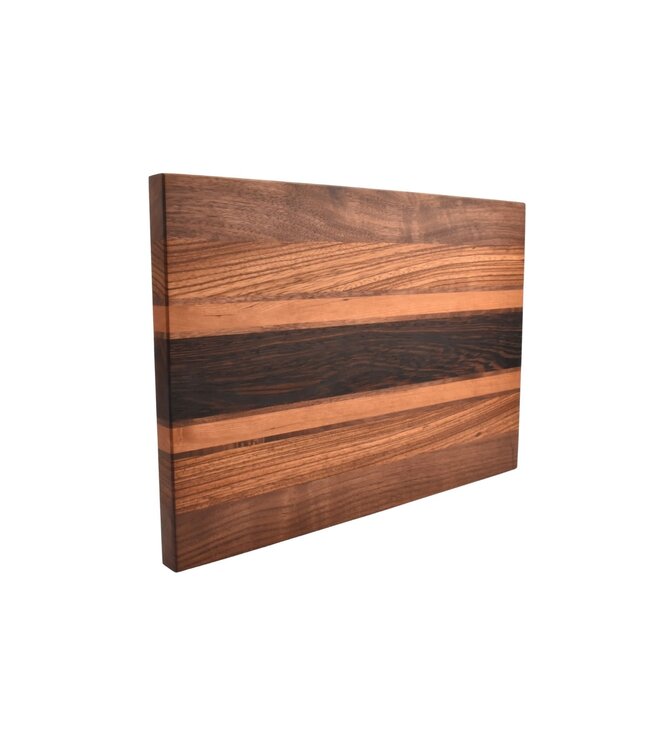 Plllank unieke langshouten snijplank in zebrano, wengé, notelaar en kers (#235) - medium (± 50 x 35 cm)