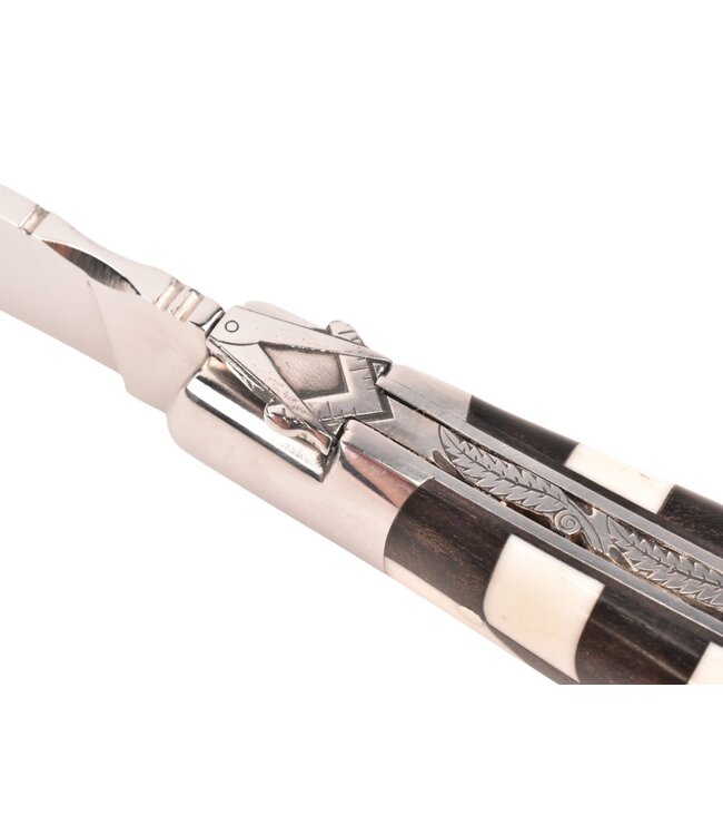 Laguiole en Aubrac 12cm ebbenhout en bot - marqueterie dambord - vrijmetselaar bij - glanzend