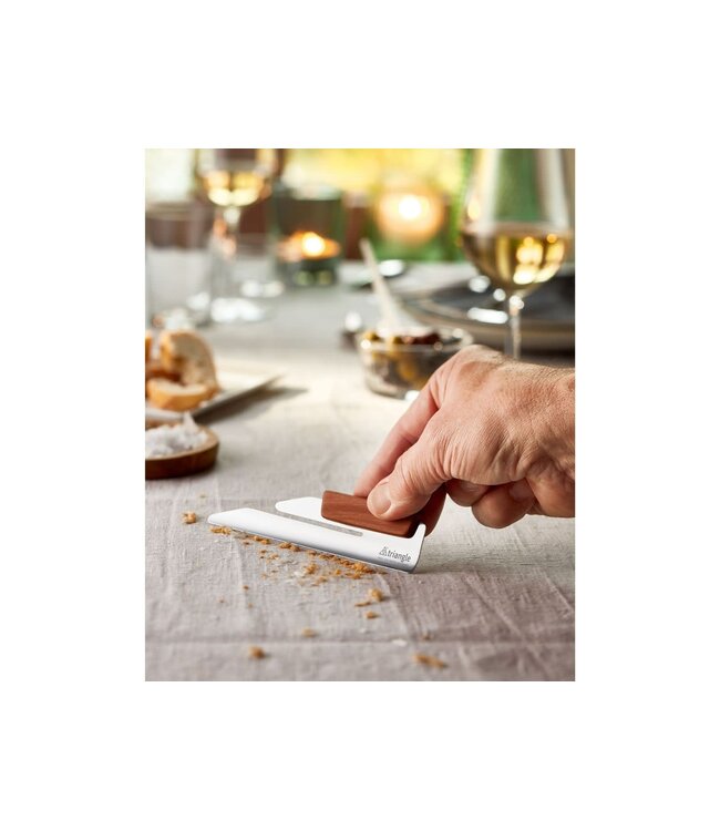 Triangle kruimelverzamelaar in rvs 18/0 met pruimenhouten greep en sleuf voor schort