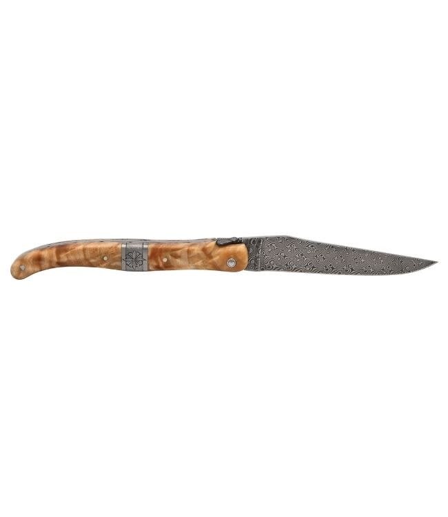 Laguiole en Aubrac Belle pièce 2026 - 12cm populier wortelknol - centraal middenstuk - platines guillochées - plein manche - damast balbach