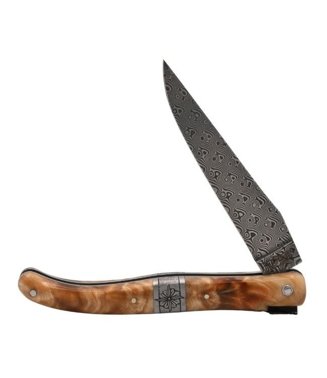 Laguiole en Aubrac Belle pièce 2026 - 12cm populier wortelknol - centraal middenstuk - platines guillochées - plein manche - damast balbach