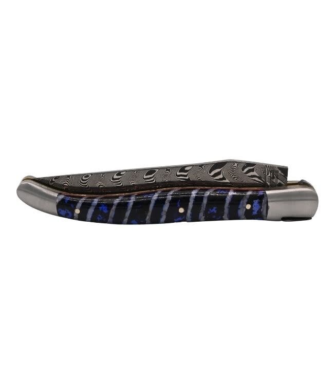 Laguiole en Aubrac Belle pièce 2026 - 12cm mammoetkies blauw - double platines - messing veer - rode plaatjes - damast