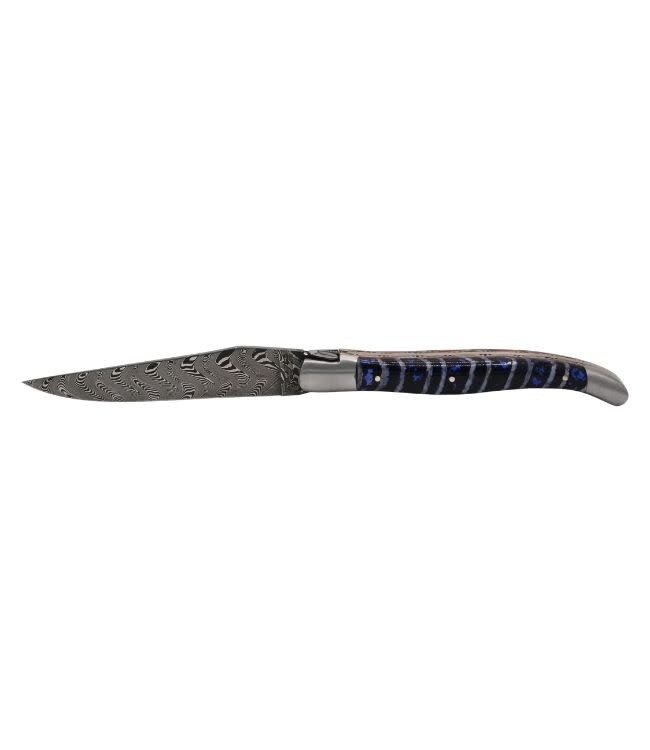 Laguiole en Aubrac Belle pièce 2026 - 12cm mammoetkies blauw - double platines - messing veer - rode plaatjes - damast