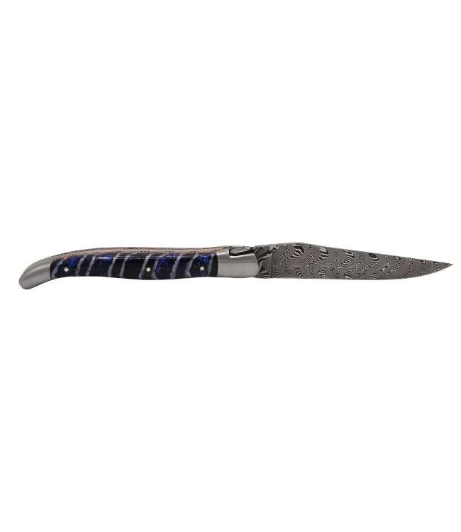 Laguiole en Aubrac Belle pièce 2026 - 12cm mammoetkies blauw - double platines - messing veer - rode plaatjes - damast