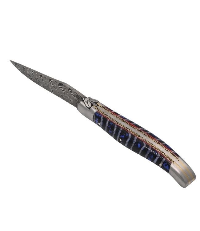 Laguiole en Aubrac Belle pièce 2026 - 12cm mammoetkies blauw - double platines - messing veer - rode plaatjes - damast