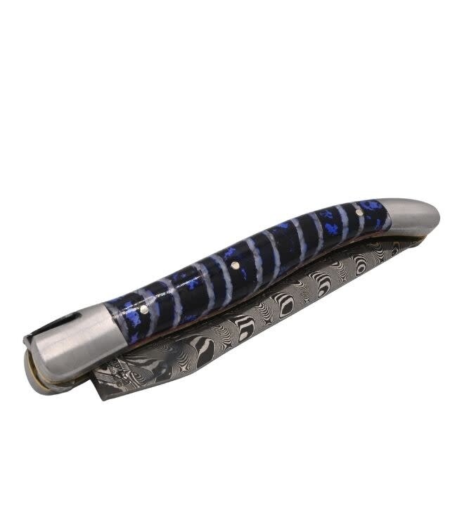 Laguiole en Aubrac Belle pièce 2026 - 12cm mammoetkies blauw - double platines - messing veer - rode plaatjes - damast