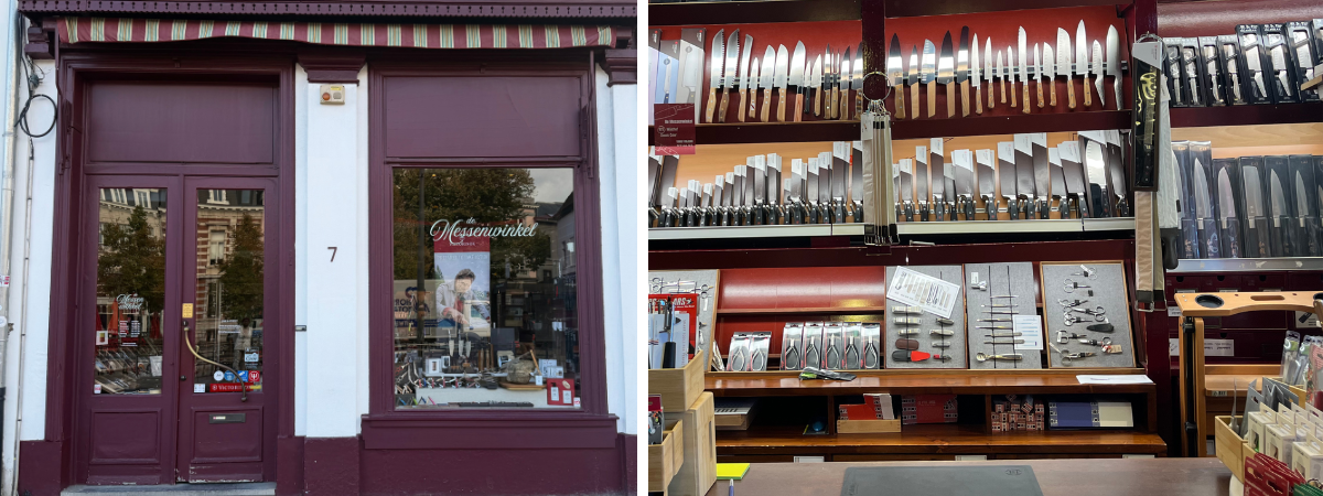 Bordeauxrode gevel van De Messenwinkel op het Mechelseplein 7 en de messenwand in de winkel