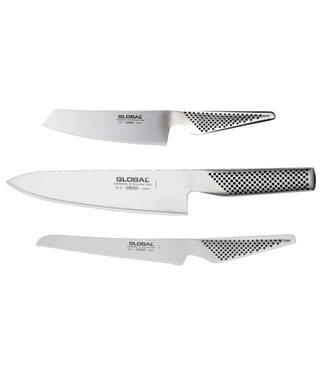 Global 3-delige messenset (G-2561) met koksmes 20cm (G-2),  groentenmes 14cm (GS-5) en brood/bagelmes 16 cm (GS-61)