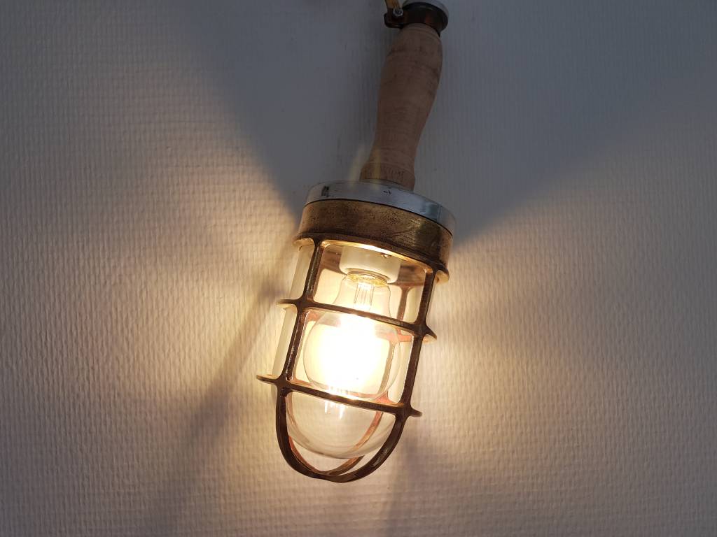 Industriele oude looplamp hout/messing