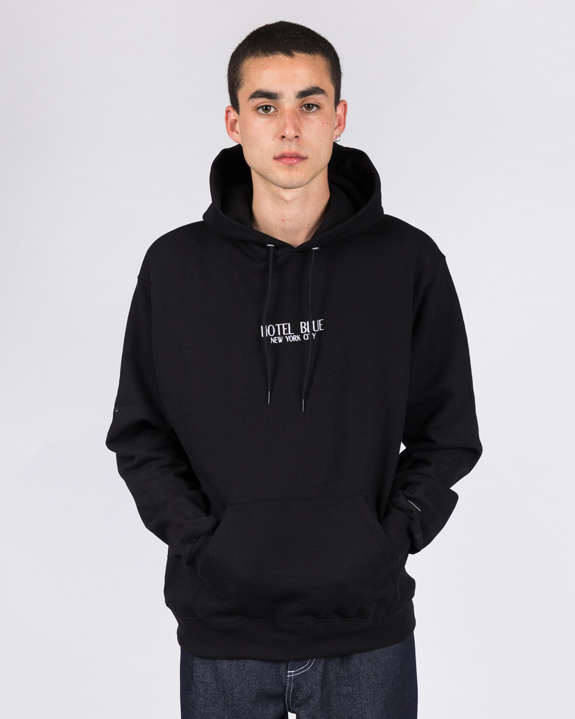 Hotel Blue Embroidered Logo Champion Hoodie Black