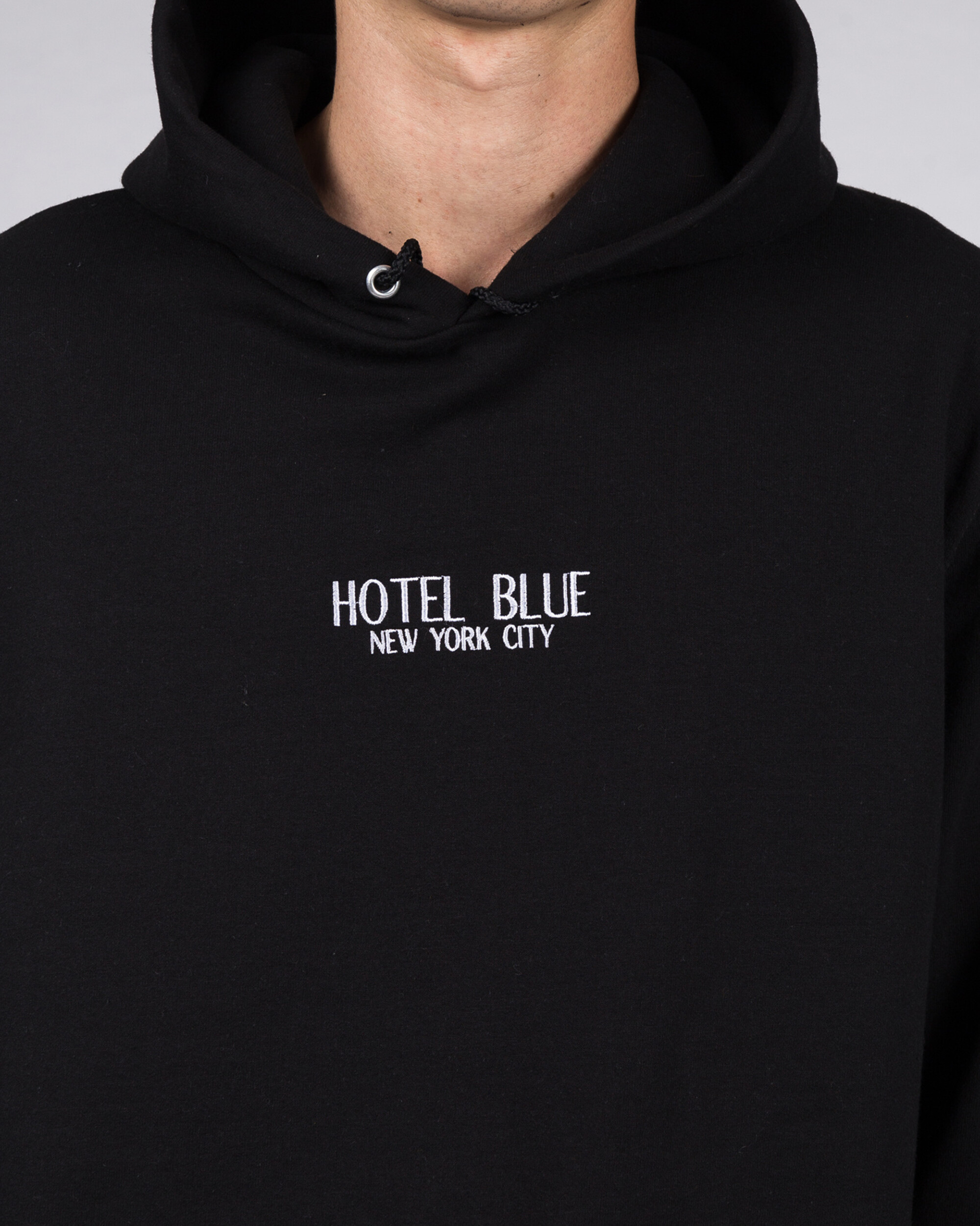 Hotel Blue Embroidered Logo Champion Hoodie Black