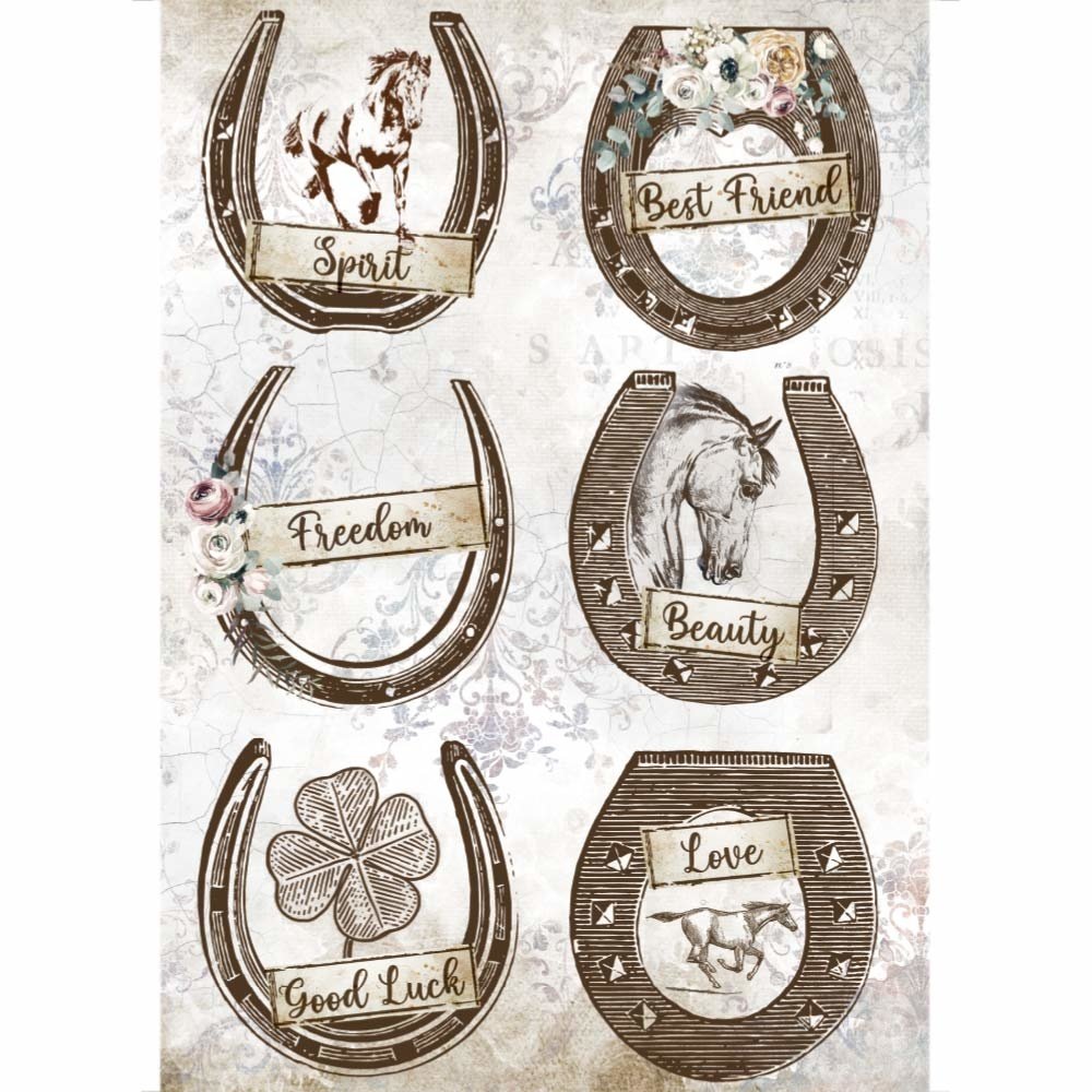 Stamperia Rice Paper A4 Romantic Horses Horseshoes (6 pcs) (DFSA4583) (DISCONTINUED)