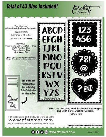 Picket Fence Studios Stitched and Scalloped Rectangles and Alpha Slim Line Die Cutting System (SDCS-126) (OUTLET)
