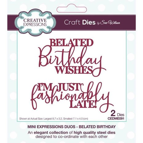 Creative Expressions Sue Wilson Craft Die Mini Expressions Duos Belated Birthday (CEDME091) (OUTLET) Creative Expressions Sue Wilson Craft Die Mini Expressions Duos Belated Birthday (CEDME091) (OUTLET)