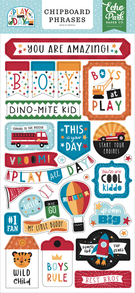 Echo Park Play All Day Boy Chipboard Phrases (PAB269022) (DISCONTINUED)