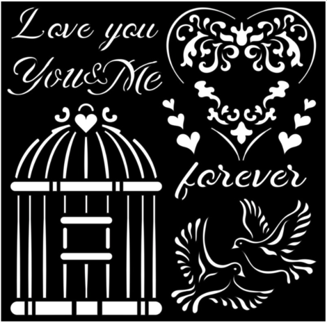 Stamperia Thick Stencil 18x18cm You and Me Love Me (KSTDQ66) (DISCONTINUED)