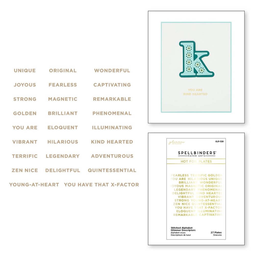 Spellbinders Stitched Alphabet Glimmer Descriptors Glimmer Hot Foil Plate (GLP-328) (OUTLET)