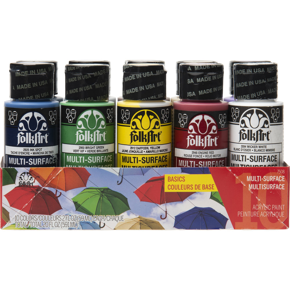 Folkart Multi-Surface Satin Paint Set Basics 10x2 fl oz (7508) Folkart Multi-Surface Satin Paint Set Basics 10x2 fl oz (7508)