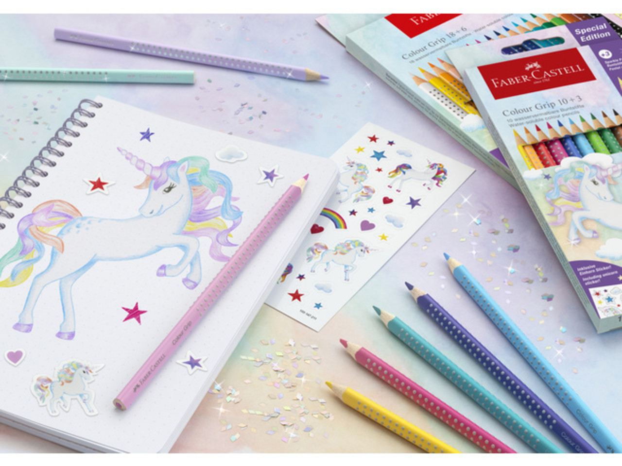 Faber Castell Colour Grip Water-soluble & Sparkle Pastel Pencils (Inc. Unicorn Stickers) (10+3spc) (FC-201542)
