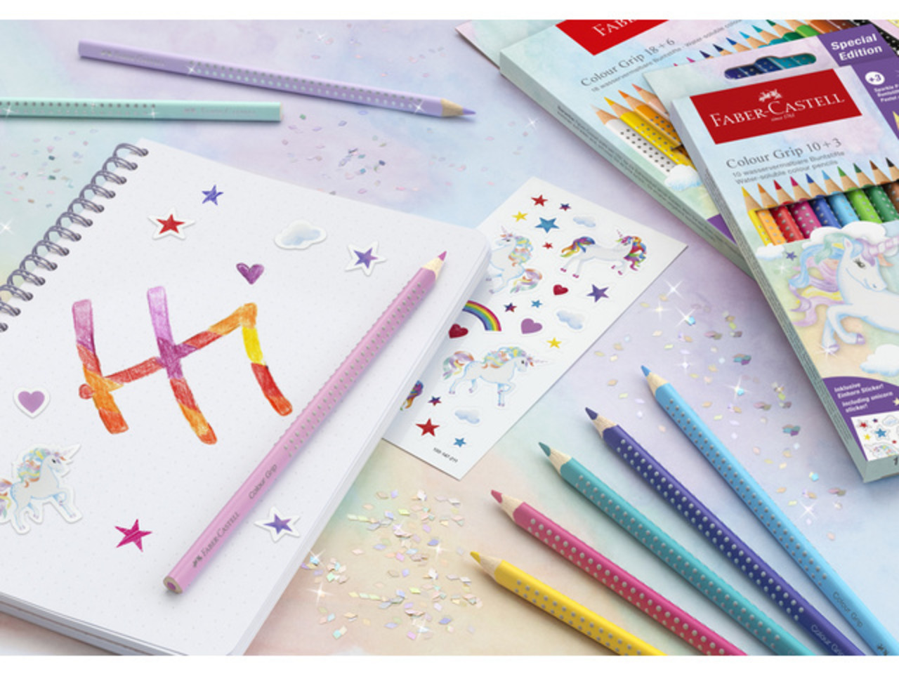 Faber Castell Colour Grip Water-soluble & Sparkle Pastel Pencils (Inc. Unicorn Stickers) (10+3spc) (FC-201542) Faber Castell Colour Grip Water-soluble & Sparkle Pastel Pencils (Inc. Unicorn Stickers) (10+3spc) (FC-201542)
