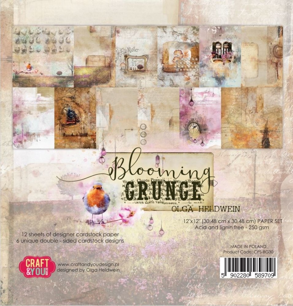 Craft & You Design Blooming Grunge 12x12 Inch Paper Set 250gsm (12sheets) (CPB-BG30) (DISCONTINUED)