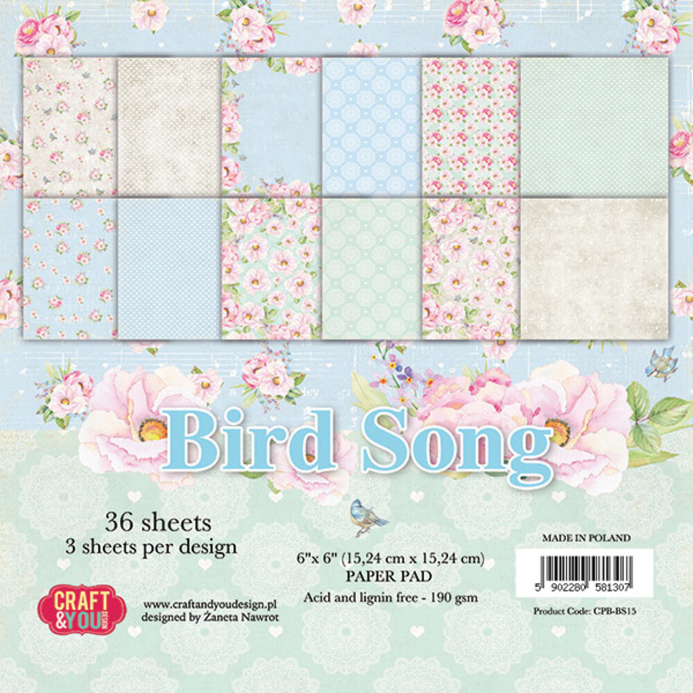 Bird Song 6x6 Inch Paper Set 190gsm (36sheets) (CPB-BS15) - Craftlines B.V.