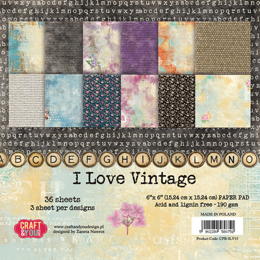 Craft & You Design I Love Vintage 6x6 Inch Paper Set 190gsm (36sheets) (CPB-ILV15) (DISCONTINUED)