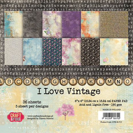 Craft & You Design I Love Vintage 6x6 Inch Paper Set 190gsm (36sheets) (CPB-ILV15) (DISCONTINUED)