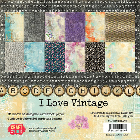 Craft & You Design I Love Vintage 12x12 Inch Paper Set 200gsm (12sheets) (CPB-ILV30) (DISCONTINUED)